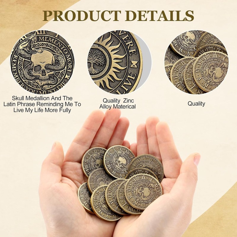 Misdary 10 Pcs Memento Mori Coin Memento Vivere Reminder Token Metal Skull gallery
