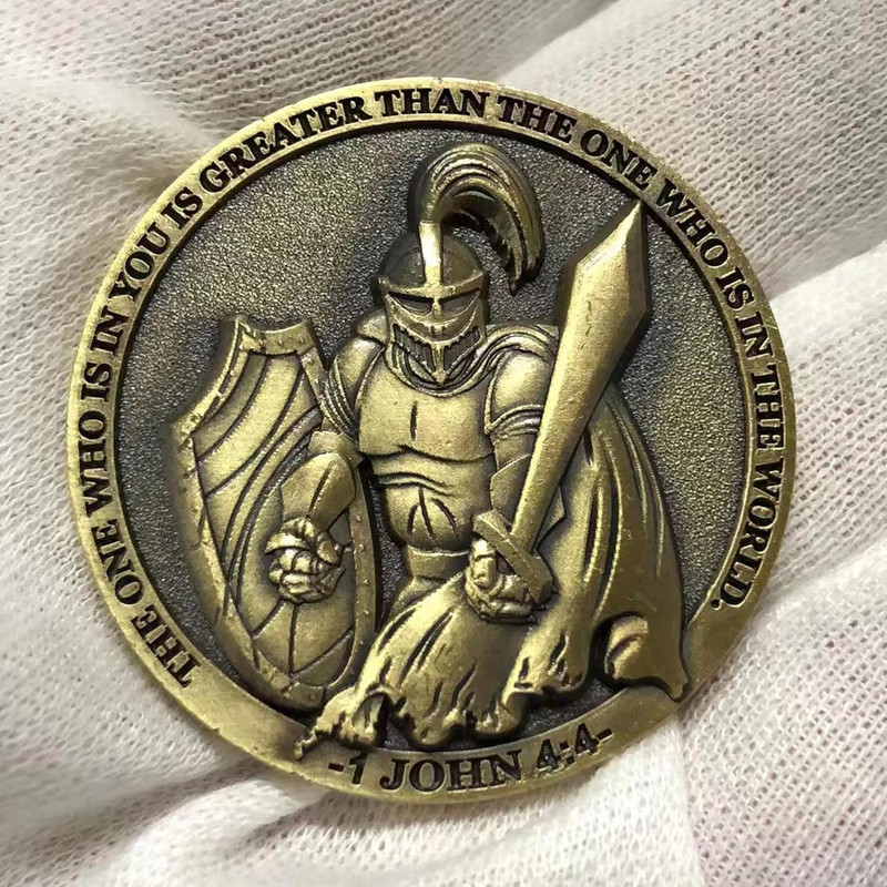 The Task Ahead Christian Challenge Coin Featuring A Fully Armored Warrior and Sc gallery