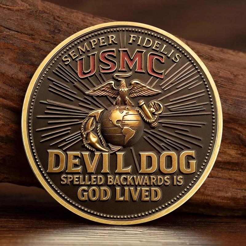 USMC Devil Dog Challenge Coin Semper Fidelis Marine Corps Veteran Gift gallery