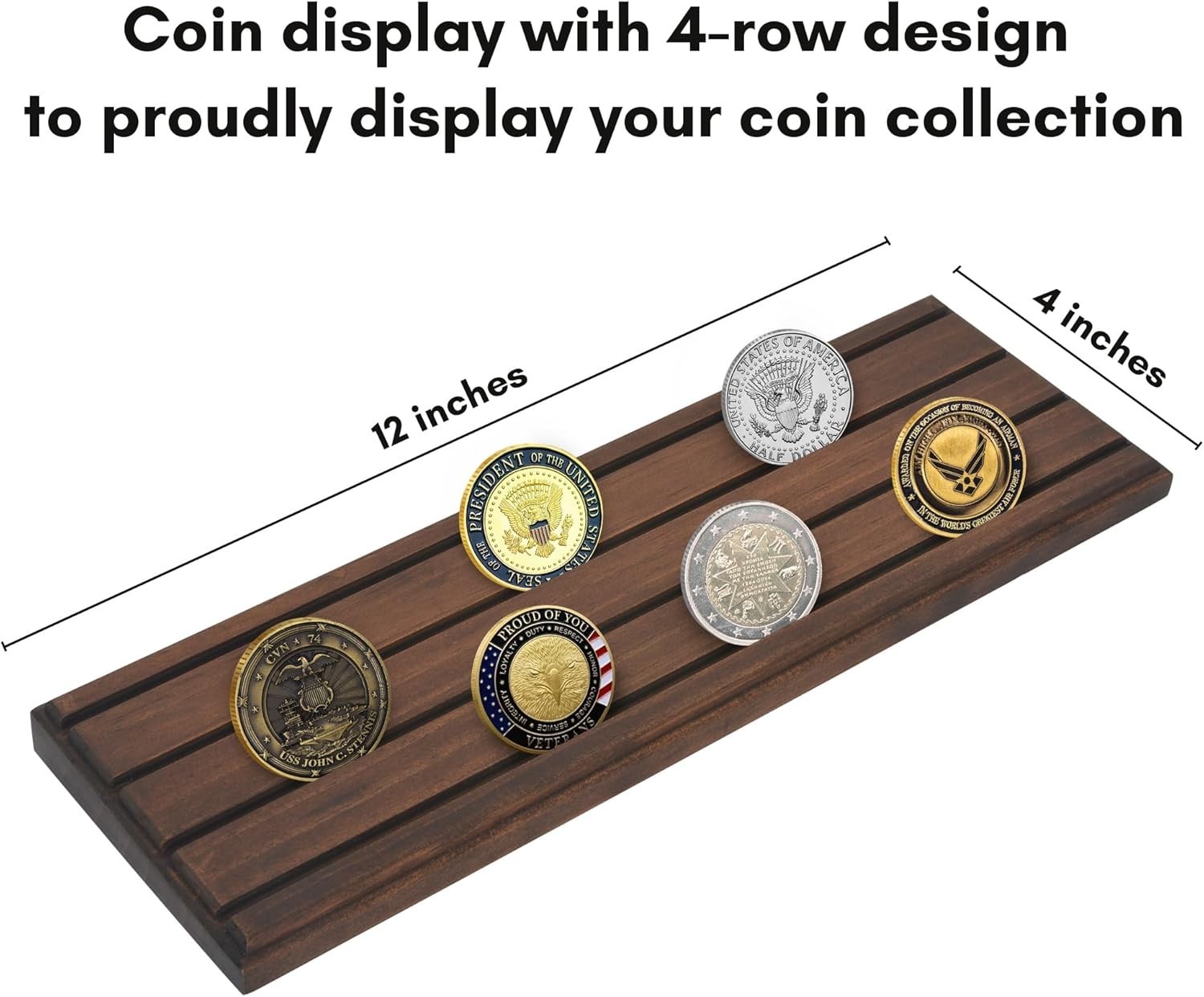 12X4 Challenge Coin Display with 4 Rows in Walnut - Military Coin Display Stand gallery