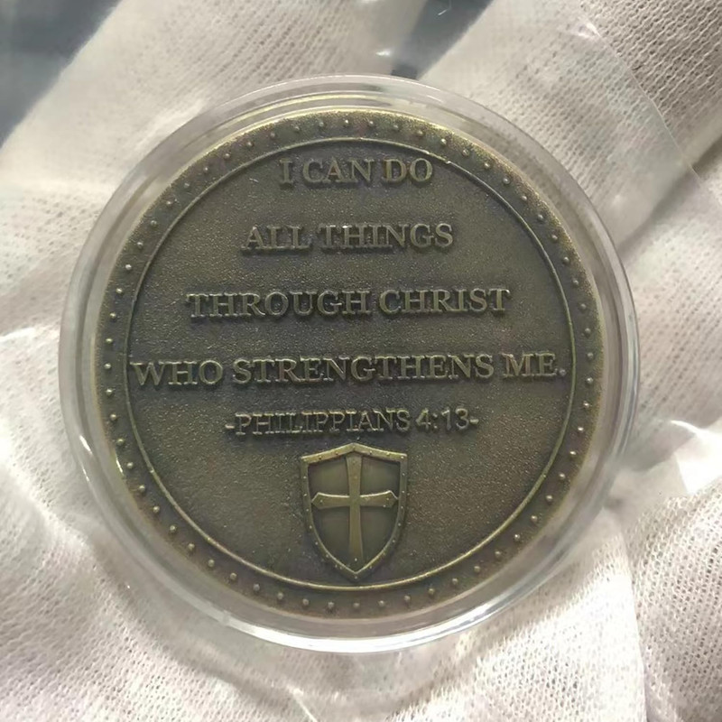 The Task Ahead Christian Challenge Coin Featuring A Fully Armored Warrior and Sc gallery