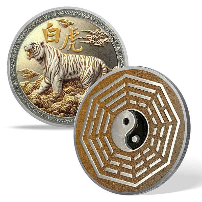 5pcs Lucky White Tiger & Yin Yang Feng Shui Chinese Zodiac Challenge Coin Tokens gallery
