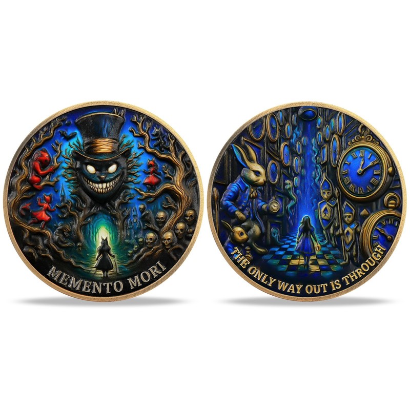 5pcs Novelty Dark Fantasy Alice in Wonderland Memento Mori Stoic Challenge Coin gallery