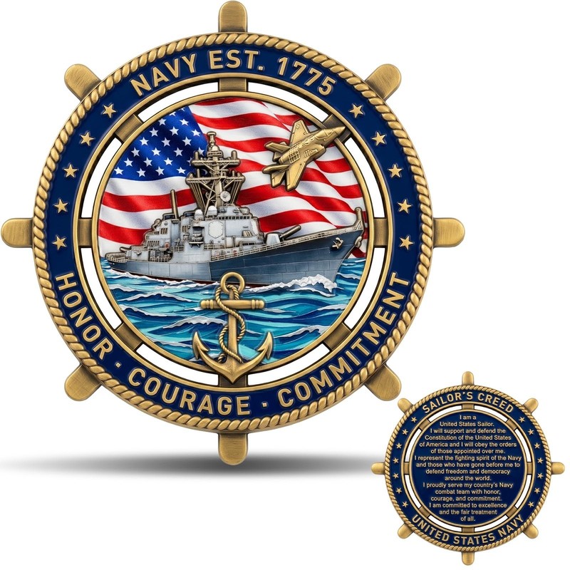 Navy Challenge Coin 1775 - 3D Colorized Zinc Alloy, Ship, Anchor, Jet & Flag - G gallery