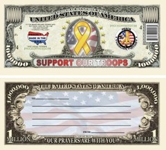 Pack of 25 Support Our Military Troops 1 Million Dollar Bills Novelty Money