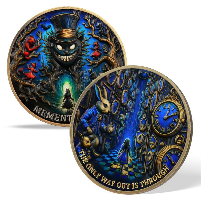 5pcs Novelty Dark Fantasy Alice in Wonderland Memento Mori Stoic Challenge Coin gallery