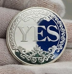 Yes or No Flip Challenge Coin Encased in Acrylic Plastic