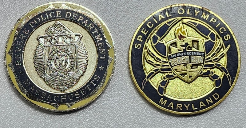 Lot of 2 Police Challenge Coins: Revere MA PD & Maryland Special Olympics LETR gallery