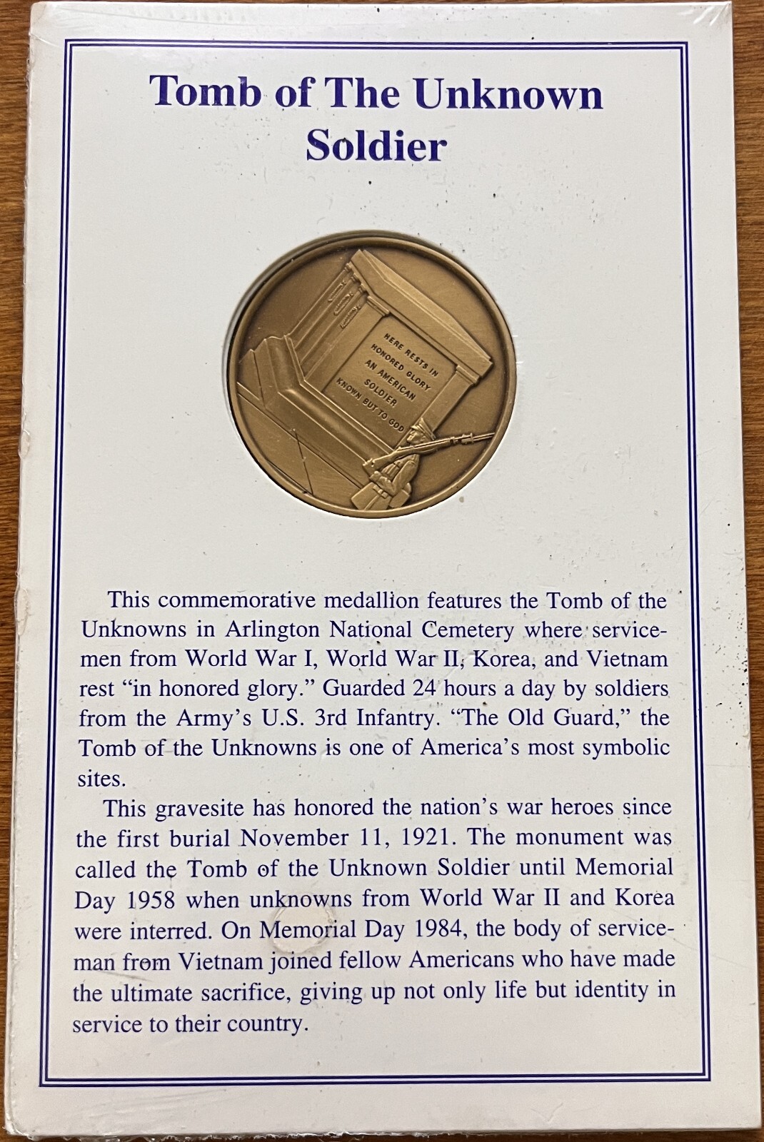 TOMB OF THE UNKNOWN SOLDIER ARLINGTON ARMY CHALLENGE COIN 1996 BRONZE 1.5" New! gallery