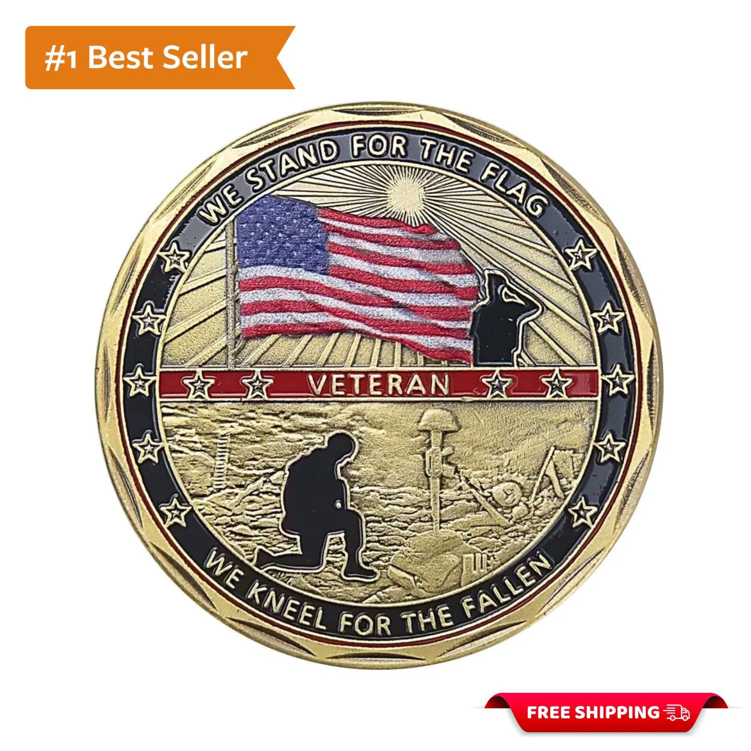 Bronze Veteran Challenge Coin - Stand for The Flag, Kneel for The Fallen gallery