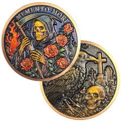 40mm Memento Mori & Vivere Double Sided Challenge Coin Death Reaper Skull Raven