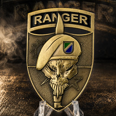 75th Ranger Regiment Ranger Skull Challenge Coin Shield Shape Antique Gold