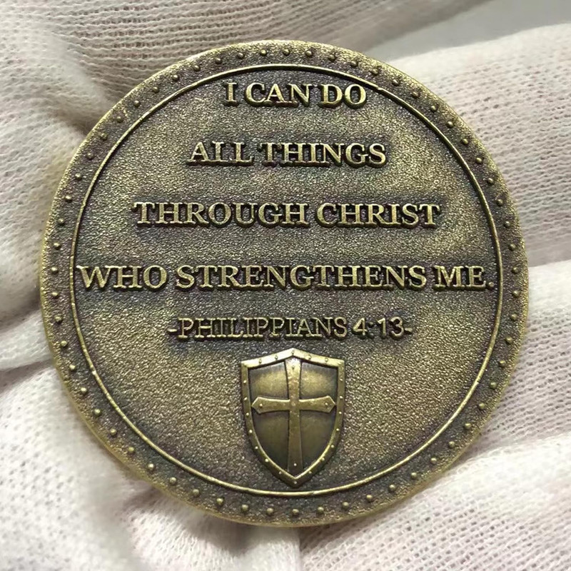 The Task Ahead Christian Challenge Coin Featuring A Fully Armored Warrior and Sc gallery