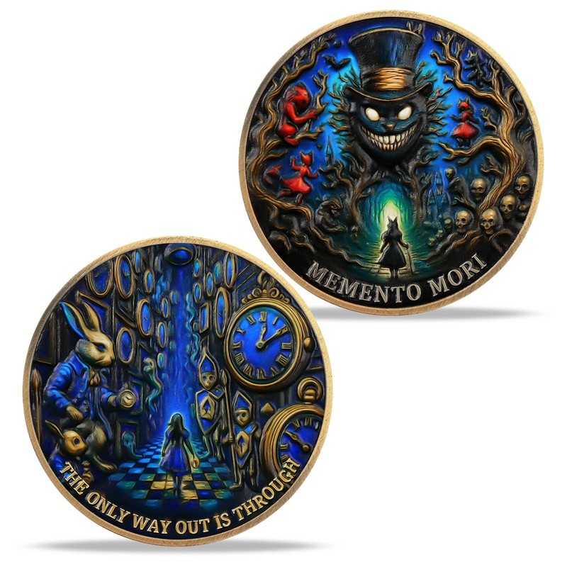 5pcs Novelty Dark Fantasy Alice in Wonderland Memento Mori Stoic Challenge Coin gallery