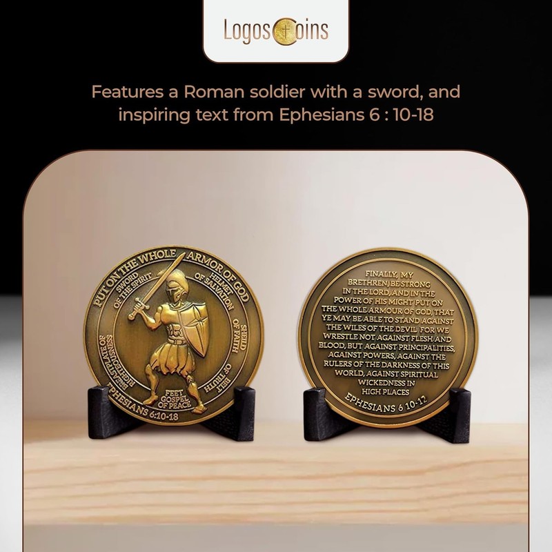 1pc Armor of God Challenge Coin, Ephesians 6:10 Bible Verse - 1.75" Antique G... gallery