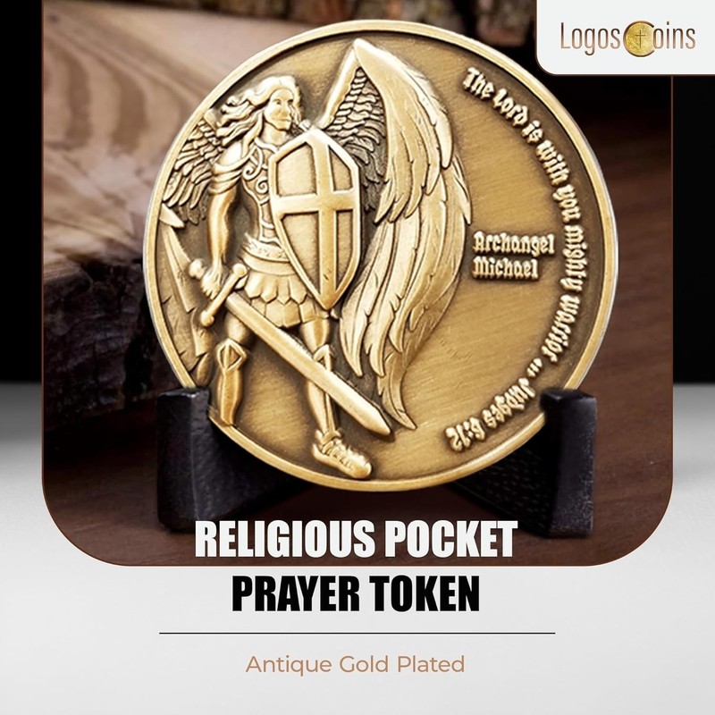 Antique Gold Archangel Michael Coin - 1.75" Religious Keepsake for Encouragement gallery