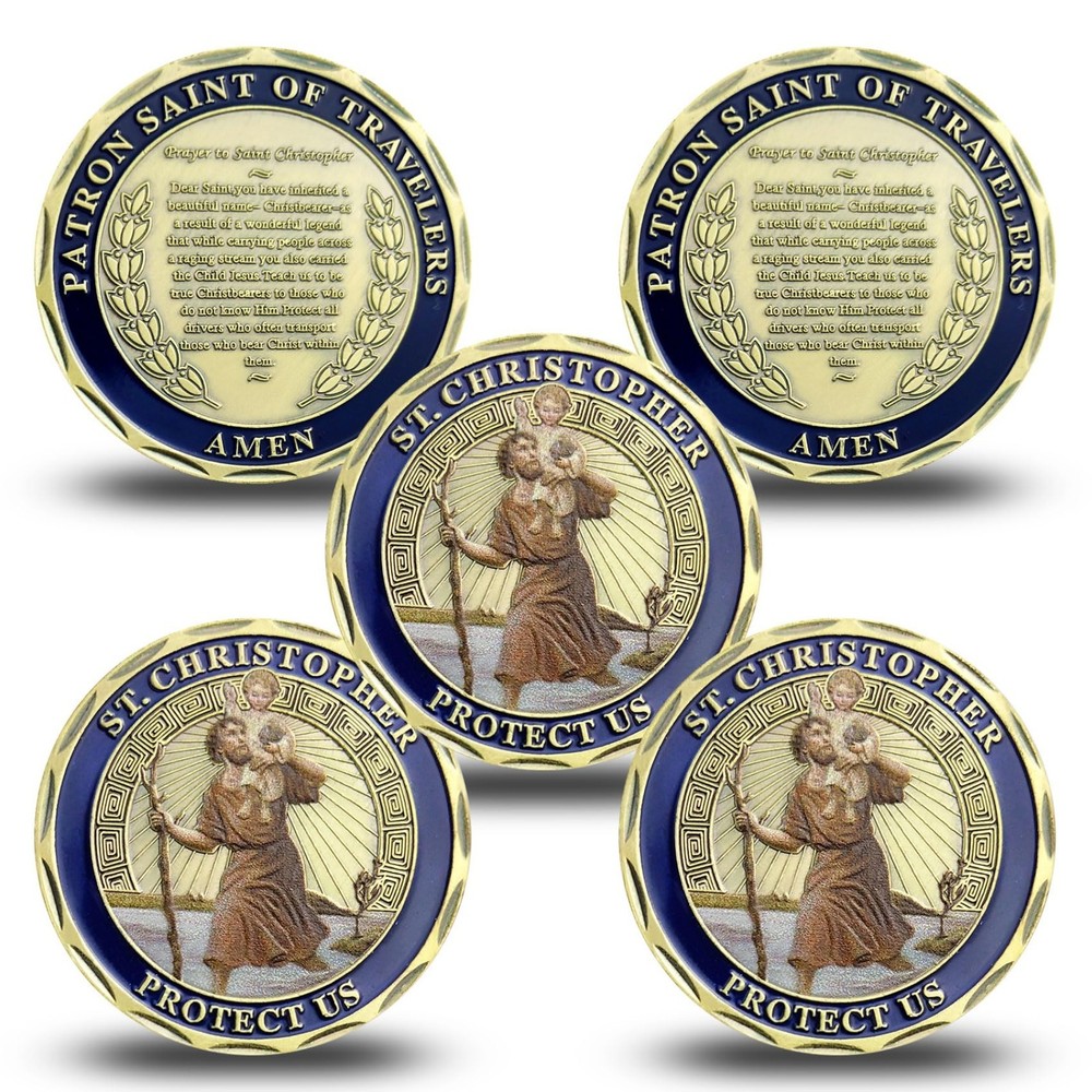 5PCS St Christopher Challenge Coin Set - Patron Saint of Travelers Prayer Safety