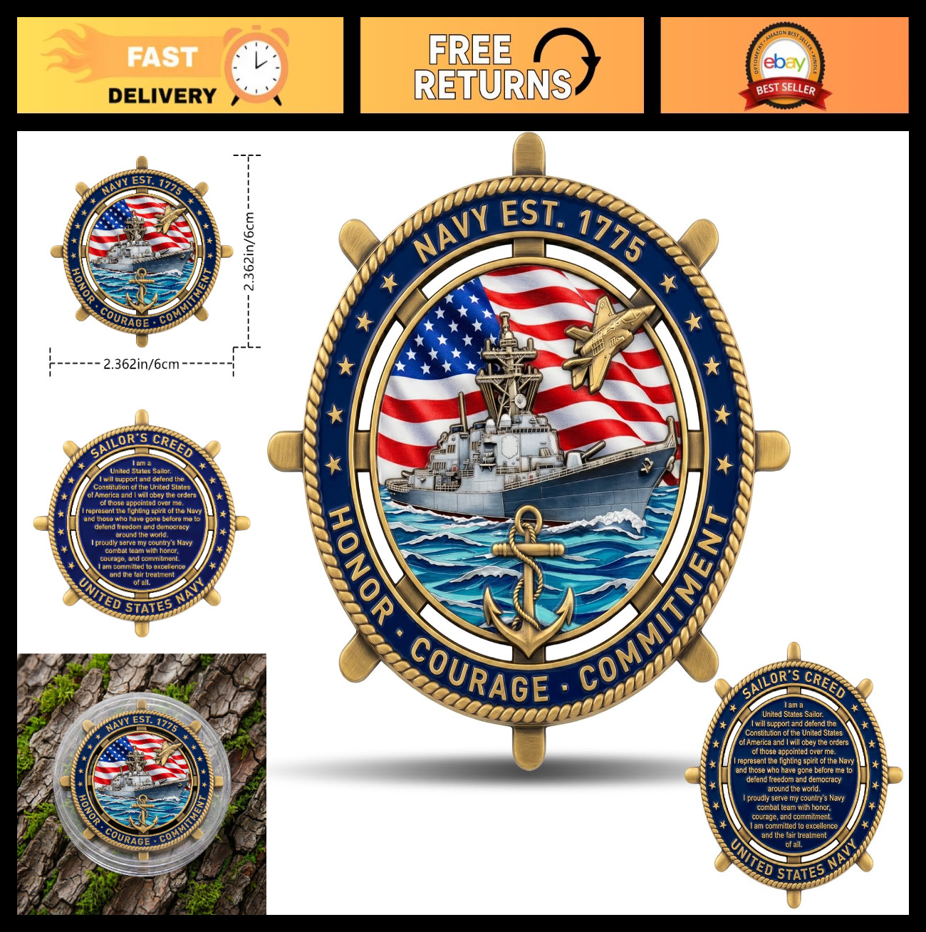 Navy Challenge Coin 1775 - 3D Colorized Zinc Alloy, Ship, Anchor, Jet & Flag - G gallery