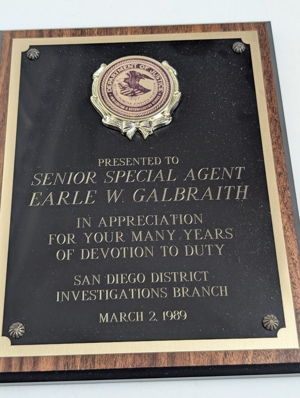 Vintage 1989 INS DOJ Senior Special Agent Retirement Plaque San Diego gallery