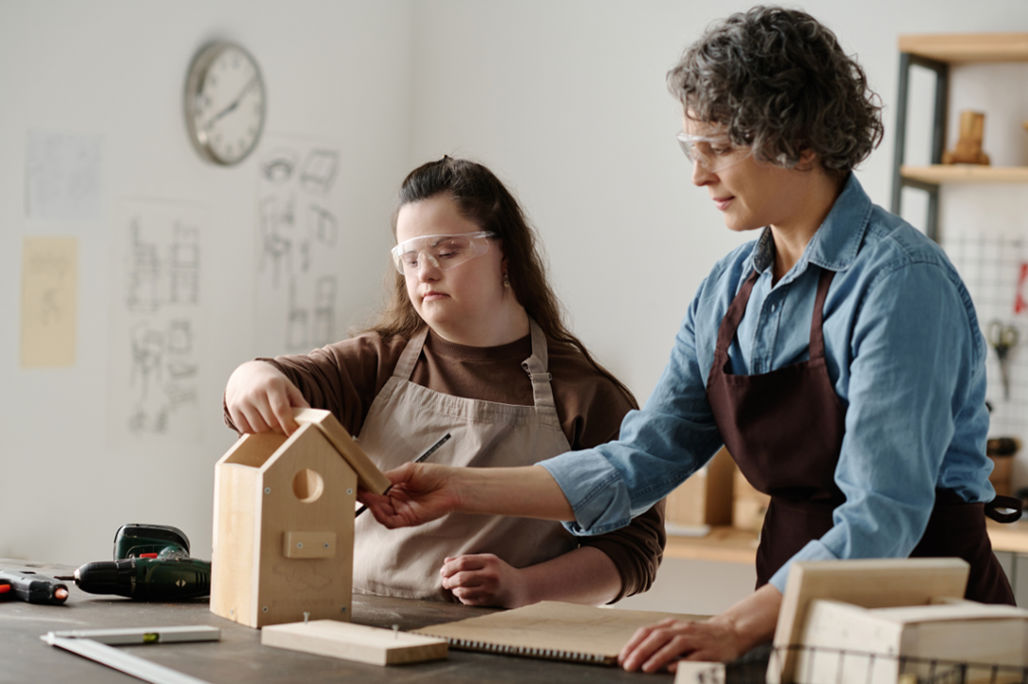 Social and Community Participation NDIS - Girl making birdhouse with carpenter